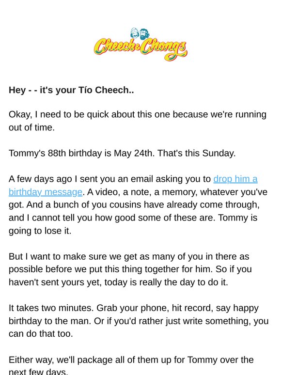 Last chance to wish Tommy a happy birthday (he still doesn't know)