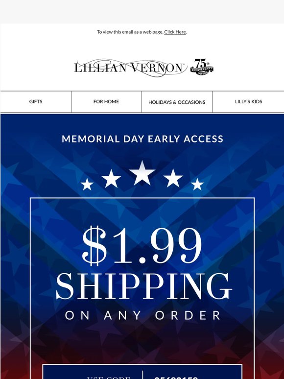 $1.99 shipping + early access to the Memorial Day Sale