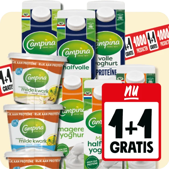 Campina yoghurt of kwark nu 1+1 gratis
