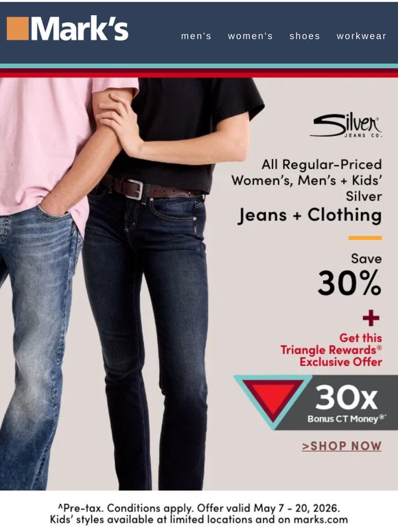 Save 30% on Silver jeans + clothing 👖