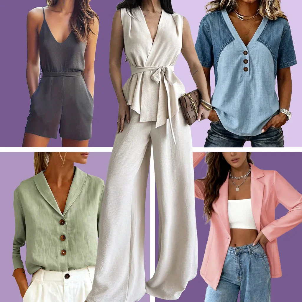 Five women modeling casual tops and bottoms in neutral and pastel colors against a purple background.