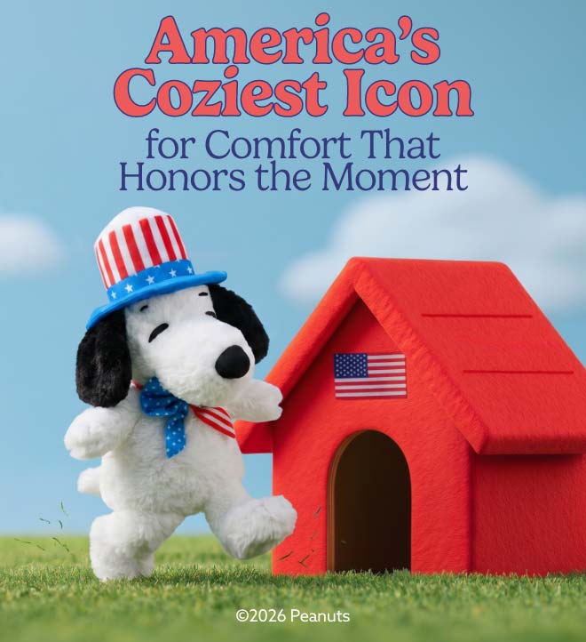 Americana Snoopy frolicking in front of his doghouse. Shop Now.