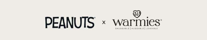 Peanuts x Warmies logo on beige. Shop Warmies.