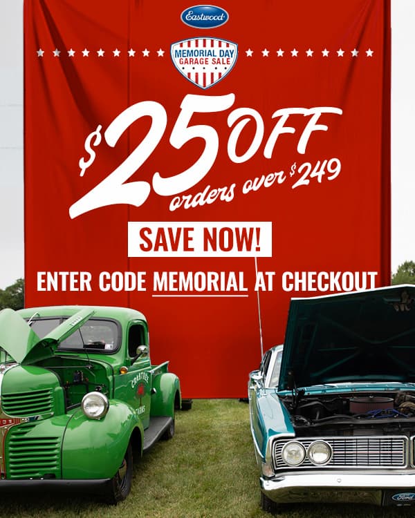 Memorial Day Garage Sale banner with $25 off $249+ beside two classic cars.