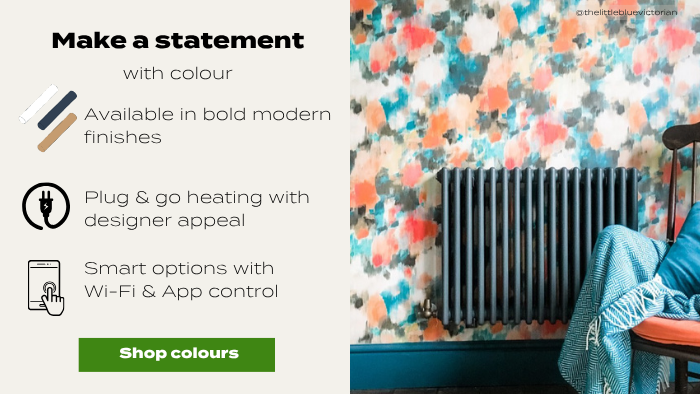 Split-layout graphic featuring a dark radiator against colourful abstract wallpaper beside a blue throw blanket. Text highlights bold modern finishes, plug-and-go heating, smart Wi-Fi app control, and a “Shop colours” button.