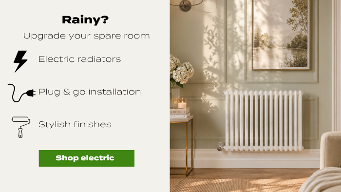 Split-layout graphic promoting electric radiators, featuring a bright living room with a white column radiator. Text highlights plug-and-go installation, stylish finishes, and spare room upgrades, with a “Shop electric” button.