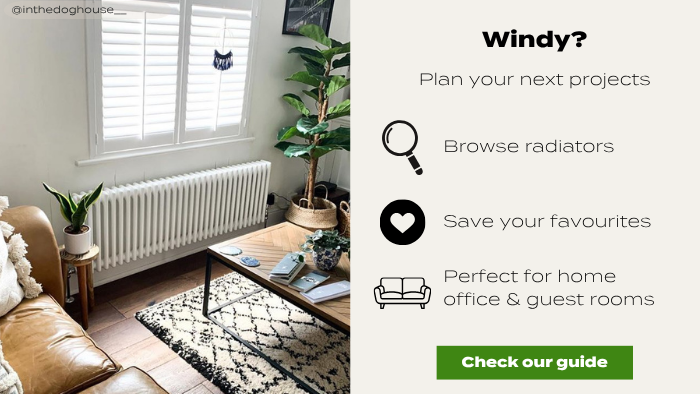 Split-layout graphic showing a white horizontal radiator in a modern living room with leather seating and indoor plants. Text promotes browsing radiators, saving favourites, and styling home office or guest rooms, with a “Check our guide” button.