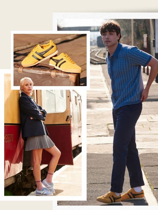 Three images combined.  One women's and one men's wearing Apollo.  And an image of the men's Apollo in yellow.