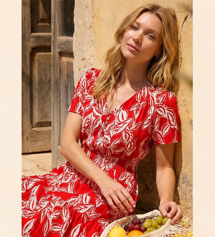 Red Leaf Print Shirred Maxi Dress