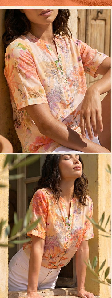 Orange Floral Print Embellished V-Neck Top