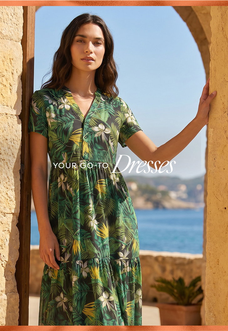 Green Tropical Leaf Print V-Neck Midi Dress