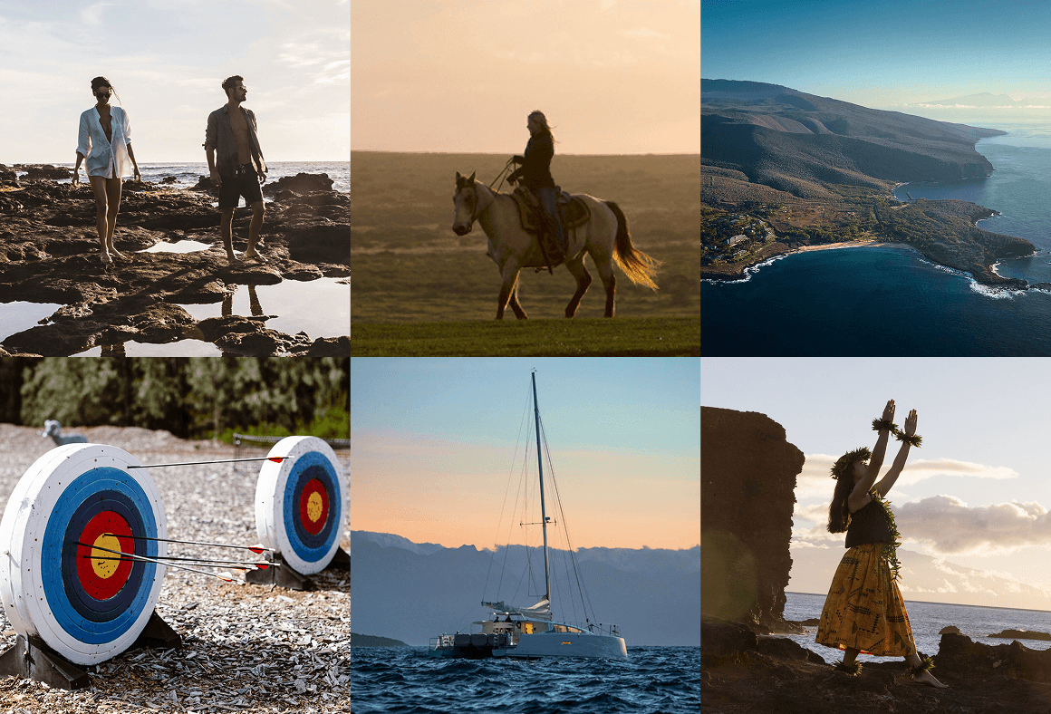 Collage featuring 6 images: Top Left) Two people walk barefoot across a rocky shoreline with shallow pools, the ocean in the background. Top Middle) A person rides a horse across open landscape at sunset. Top Right) Aerial view of a rugged coastline with hills, shoreline, and blue water. Bottom Right) A person stands near a rocky cliff by the ocean, arms raised, wearing a floral lei. Bottom Middle) A sailboat sits on the ocean at sunset with mountains in the distance. Bottom Left) Archery targets with multiple arrows embedded in the centre rings.