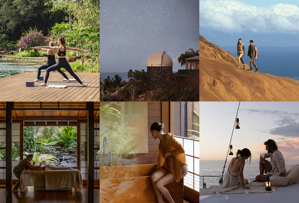 Collage featuring 6 images: Top Left) Two people practise yoga beside a pond, surrounded by plants and greenery. Top Middle) An observatory sits among tropical plants under a star-filled night sky. Top Right) Two people walk along a sloped hillside above the ocean. Bottom Right) Two people sit on the bow of a ship at sunset with lanterns, looking out over the water. Bottom Middle) A person sits at the edge of a wooden soaking tub. Bottom Left) A massage is performed inside a room with open views to a garden and stream.
