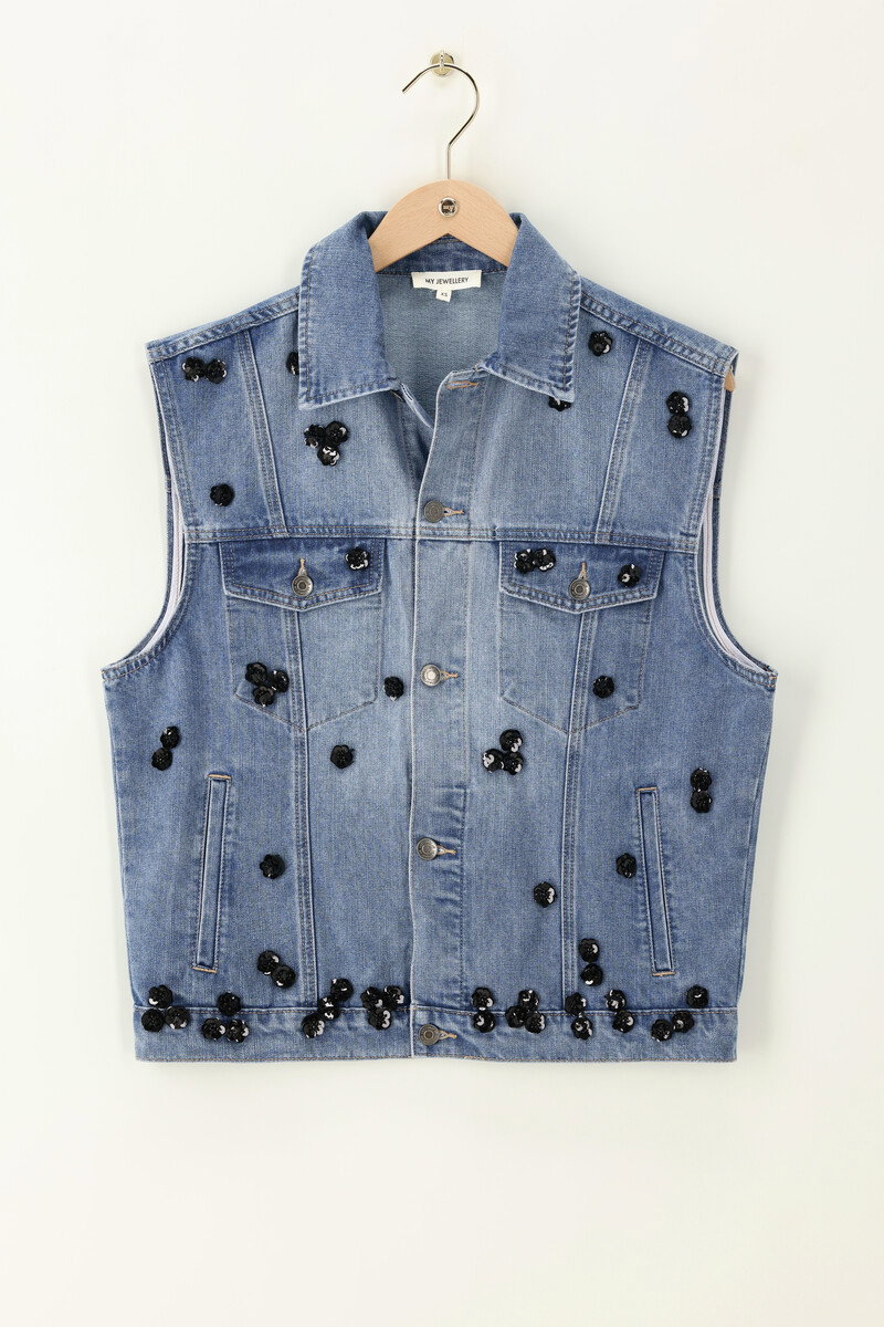 Blauw denim gilet met bloemen pailletten