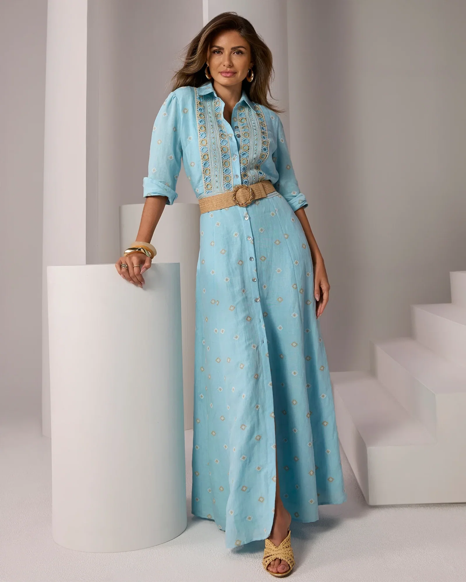 Image of Button Up Maxi Dress with Embroidery Blue Topaz