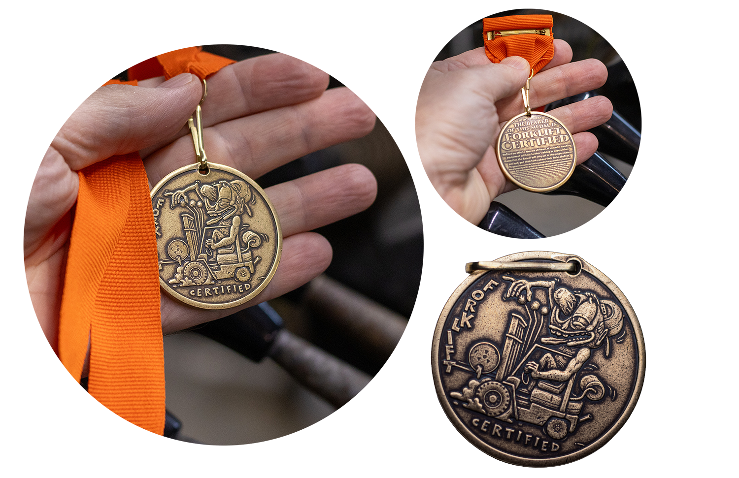 Forklift Certified Coins on medal ribbons