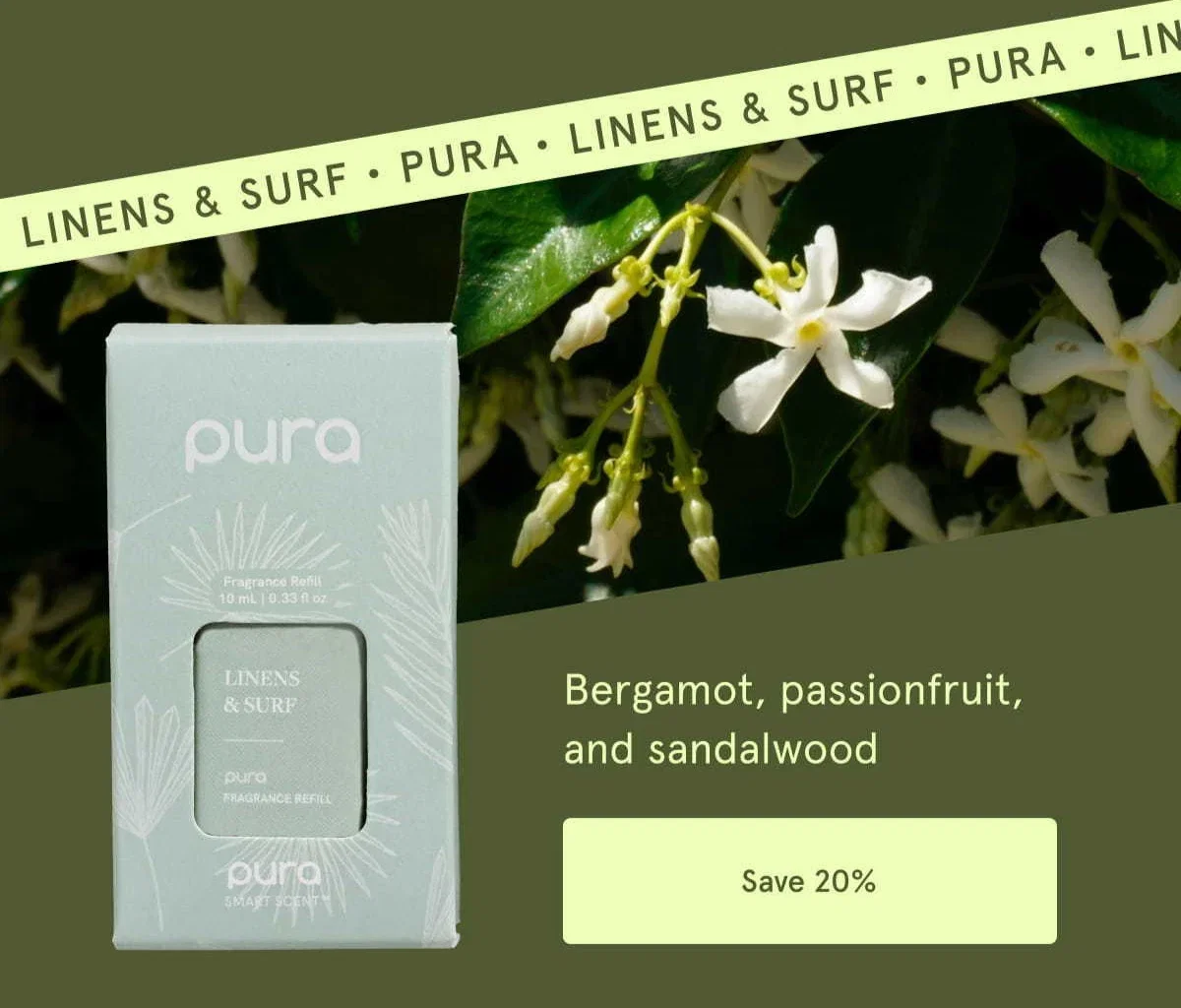 Pura • Linens & Surf • Bergamot, passionfruit, and sandalwood | Save 20%