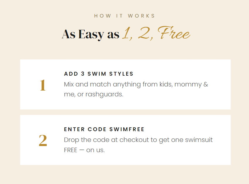 As Easy as 1, 2, Free  1  ADD 3 SWIM STYLES Mix and match anything from kids, mommy & me, or rashguards.  2  ENTER CODE SWIMFREE Drop the code at checkout to get one swimsuit FREE on us