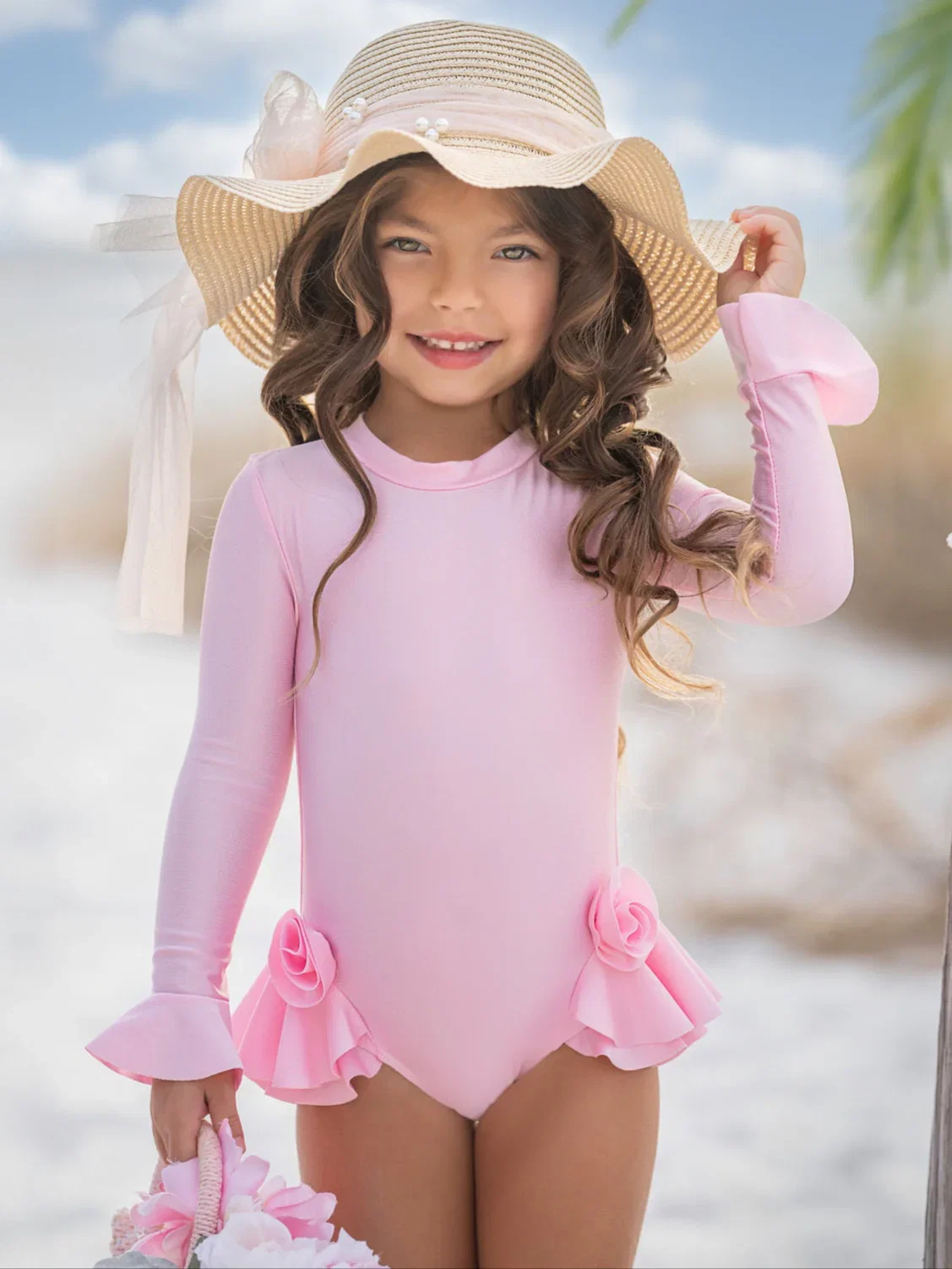 Image of Rose Petal Rash Guard One-Piece Swimsuit