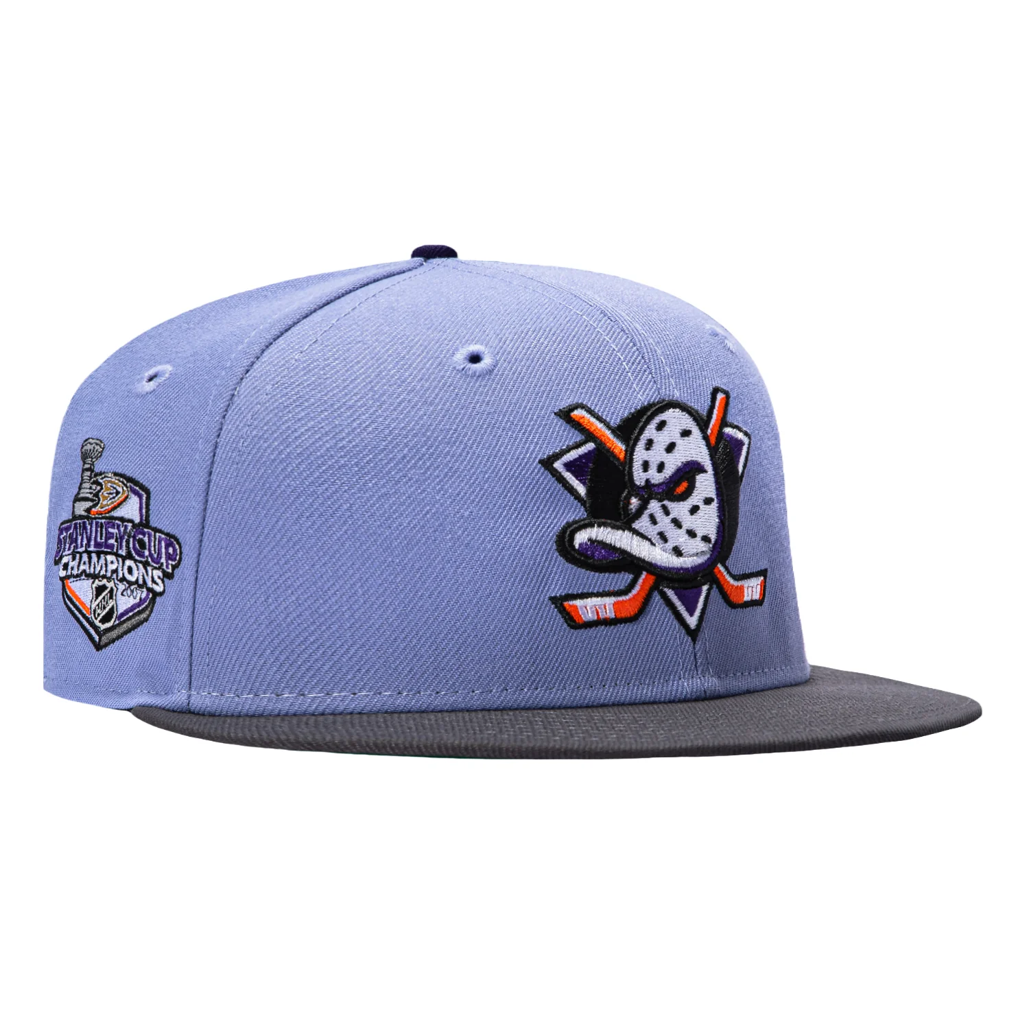 Image of New Era 59Fifty Anaheim Ducks 2007 Stanley Cup Champions Patch Hat - Lavender, Graphite