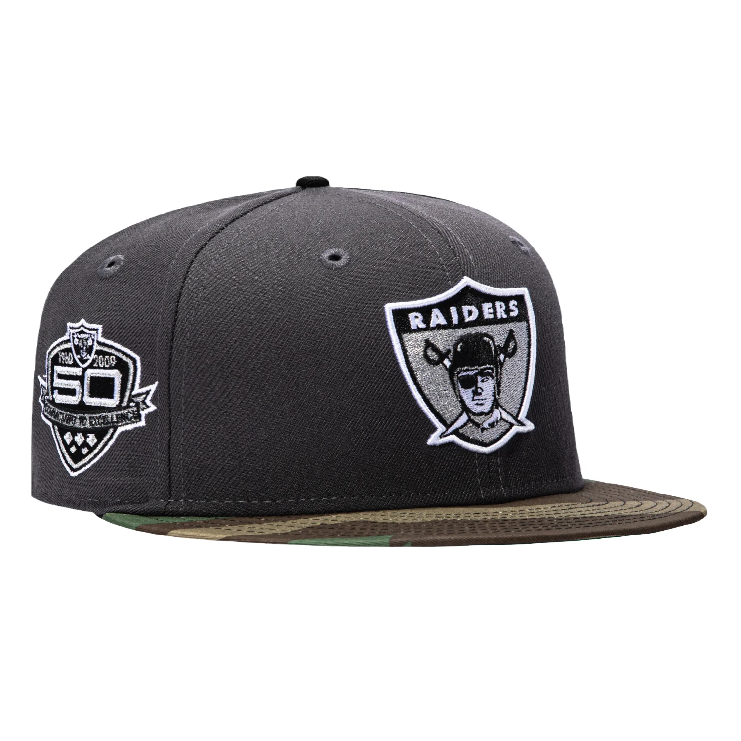 Image of New Era 59Fifty Las Vegas Raiders 50th Anniversary Patch Hat - Graphite, Camo