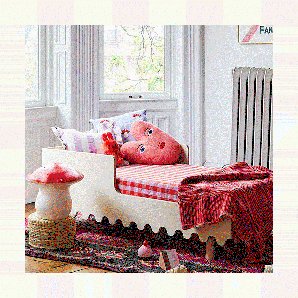 an image of a child's room with a crib and a rainbow