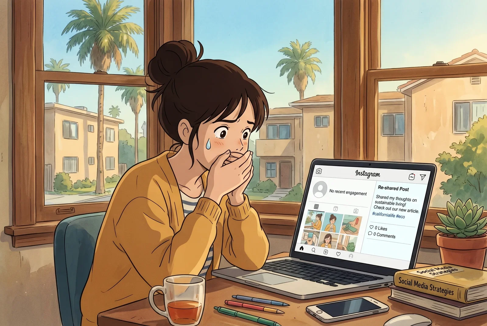 studio ghibli style: a social media manager looks at the Likes and engagement on her re-shared post... and is horrified to see ZERO likes and engagement. No one is seeing her posts! scene: southern CA. Good, but make the computer screen look like Instagr