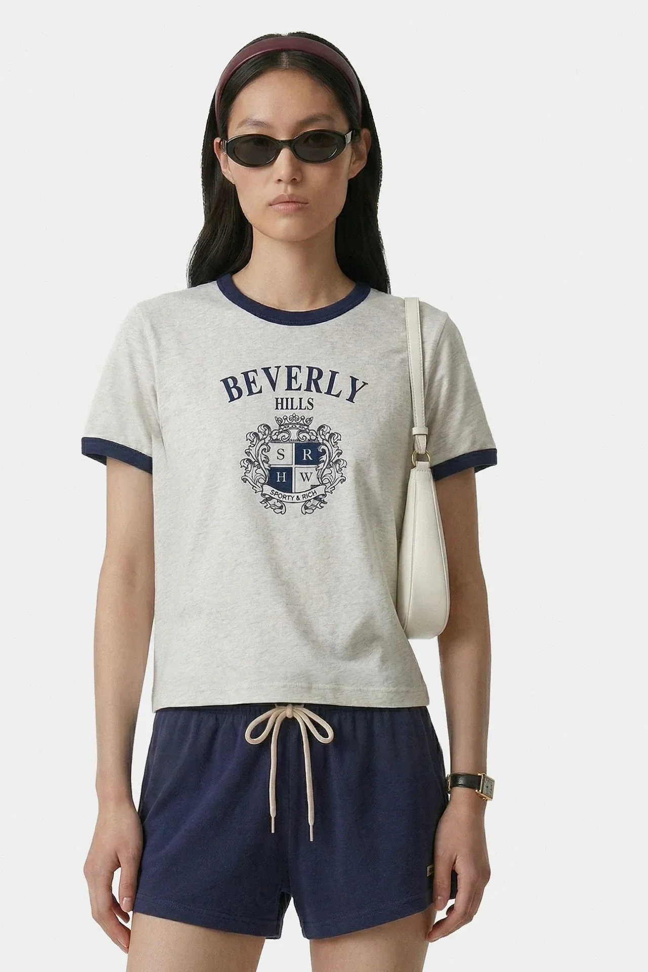 Image of Sporty & Rich BH Crest Soft Ringer Tee Heather Grey & Dark Navy