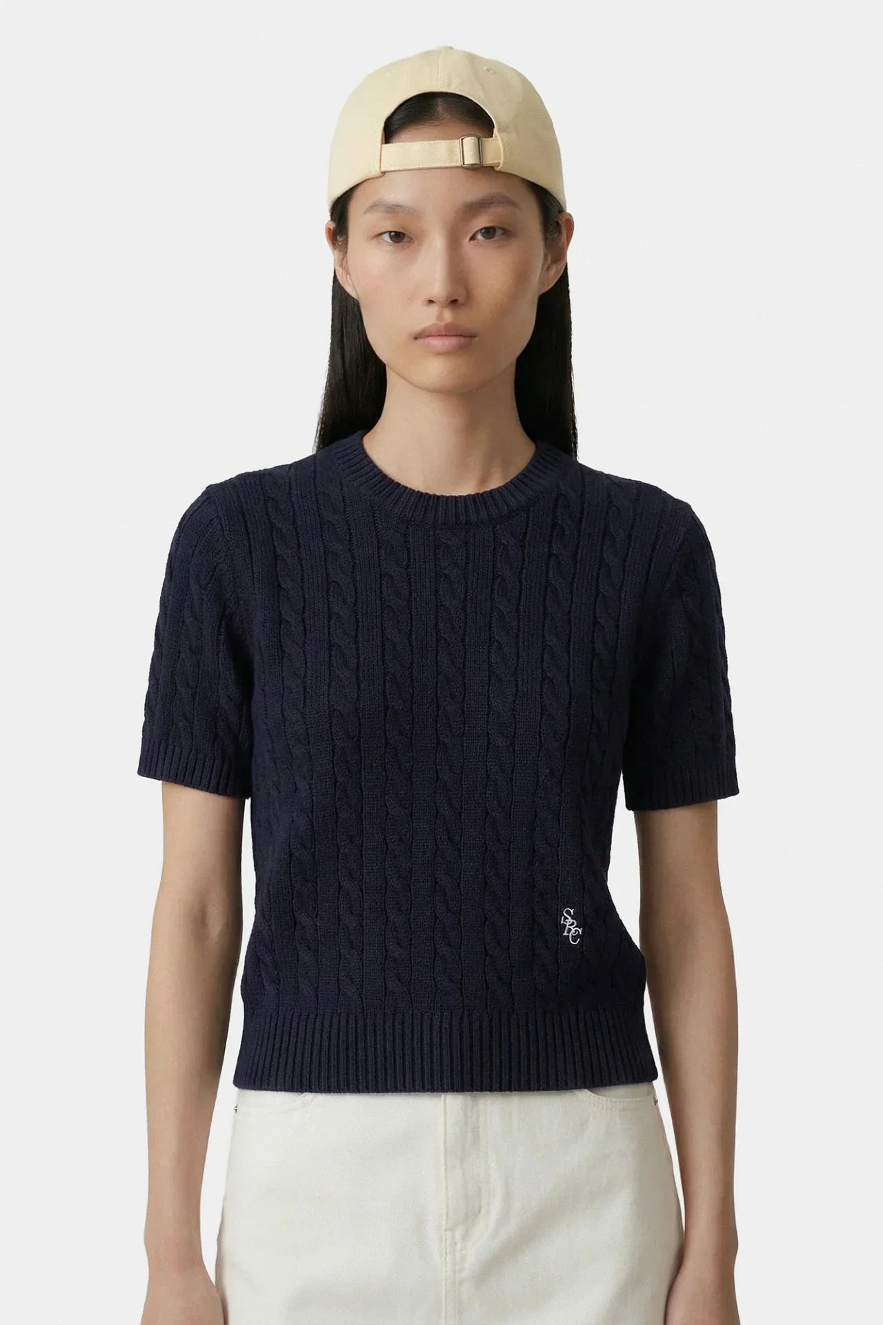 Image of Sporty & Rich SRC Cotton Cable Knit SS Sweater Dark Navy