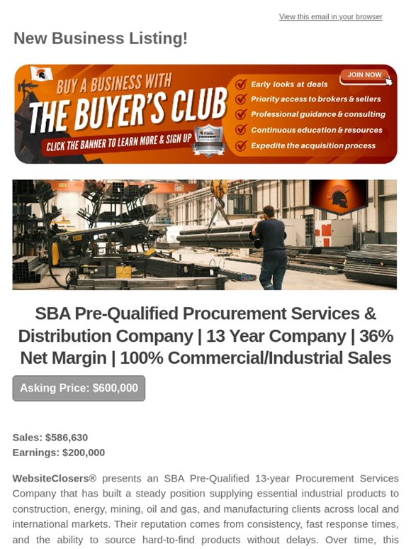 New Deal Alert: SBA Pre-Qualified Procurement Services & Distribution Company | 13 Year Company | 36% Net Margin | 100% Commercial/Industrial Sales