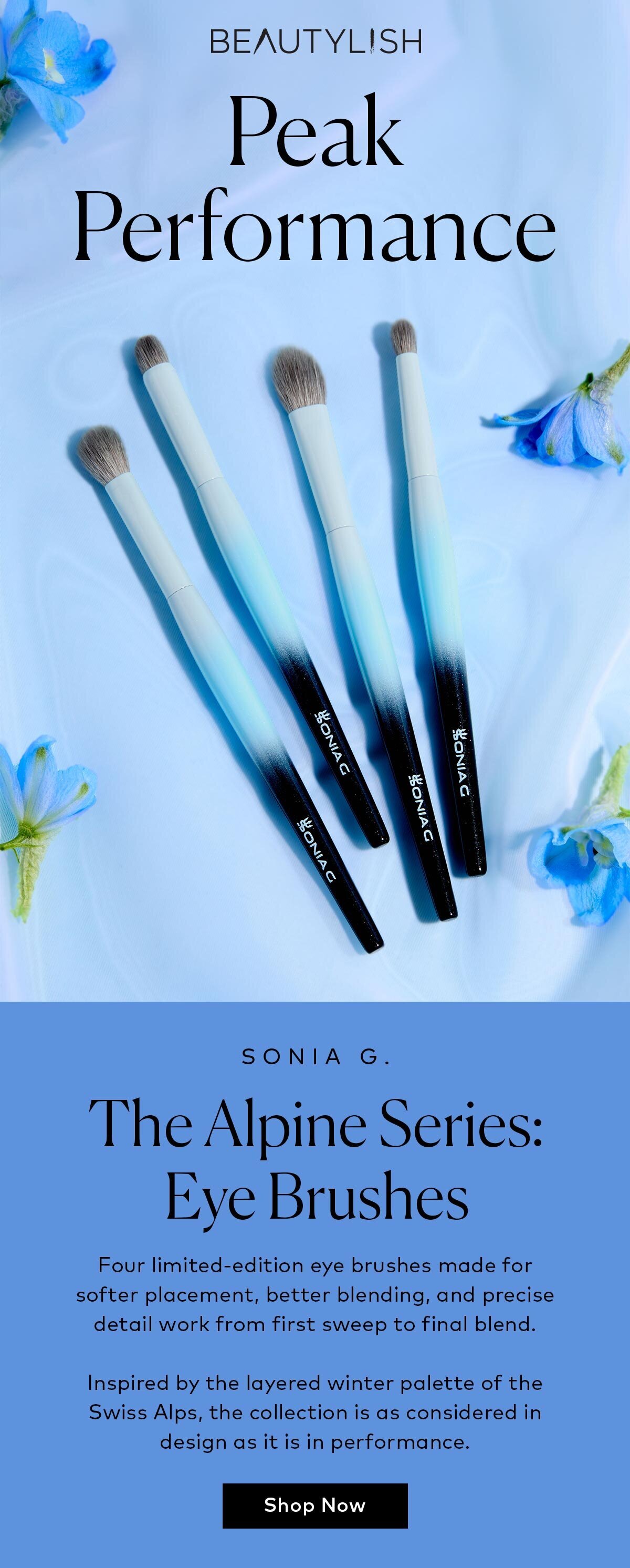 Four limited-edition eye brushes made for softer placement, better blending, and precise detail work from first sweep to final blend. Shop the Sonia G. The Alpine Series Eye Brushes at Beautylish.com