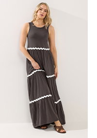 Chocolate Brown Contrast Swirl Tiered Cotton Maxi Dress