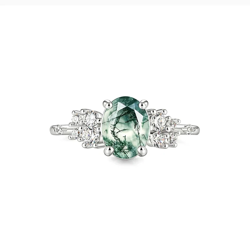 Olivetta Cluster Oval Moss Agate Engagement Ring