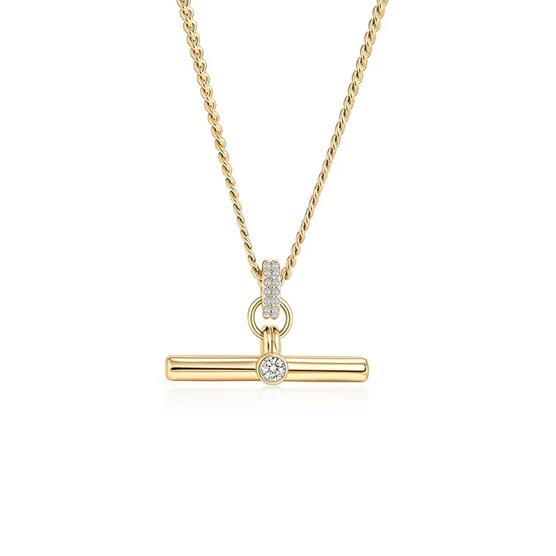 "Andy" Style Classic Gold T-Bar Necklace with Round Cut Stone