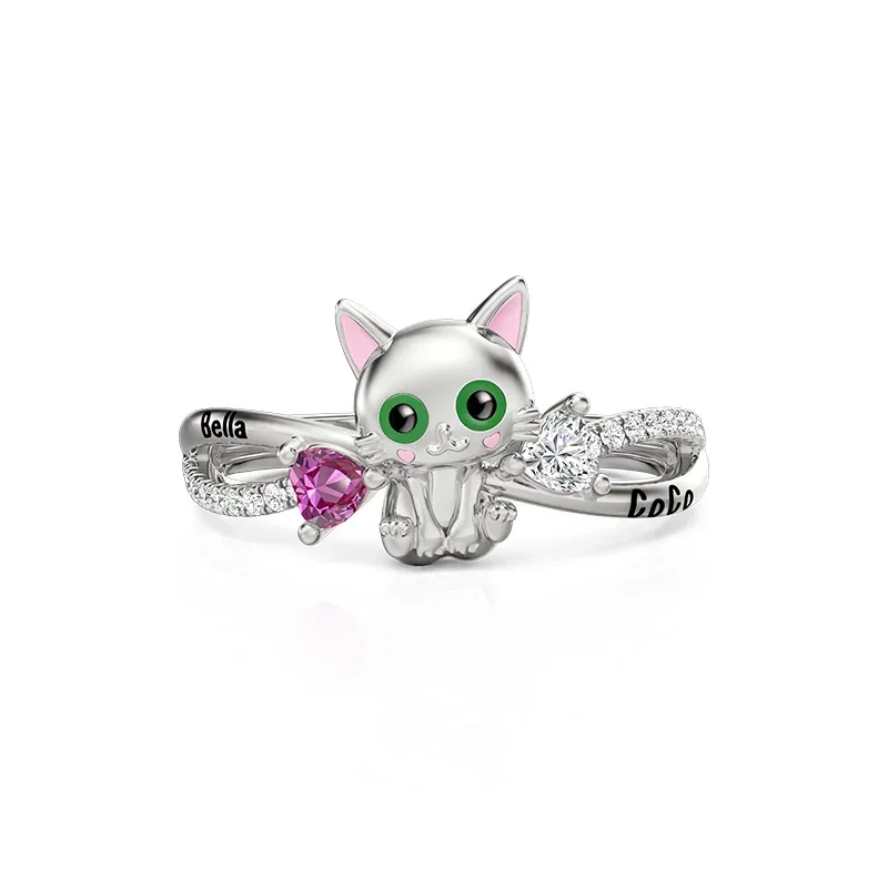 Custom Infinity Cat Ring With Engraving & 2 Birthstones