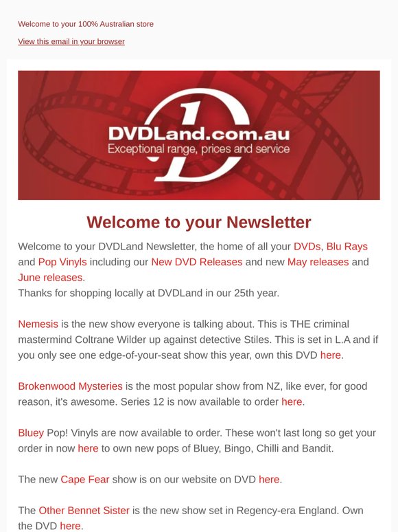 DVDLand Newsletter - Nemesis, Brokenwood 12, Bluey Pop Vinyls 🐶