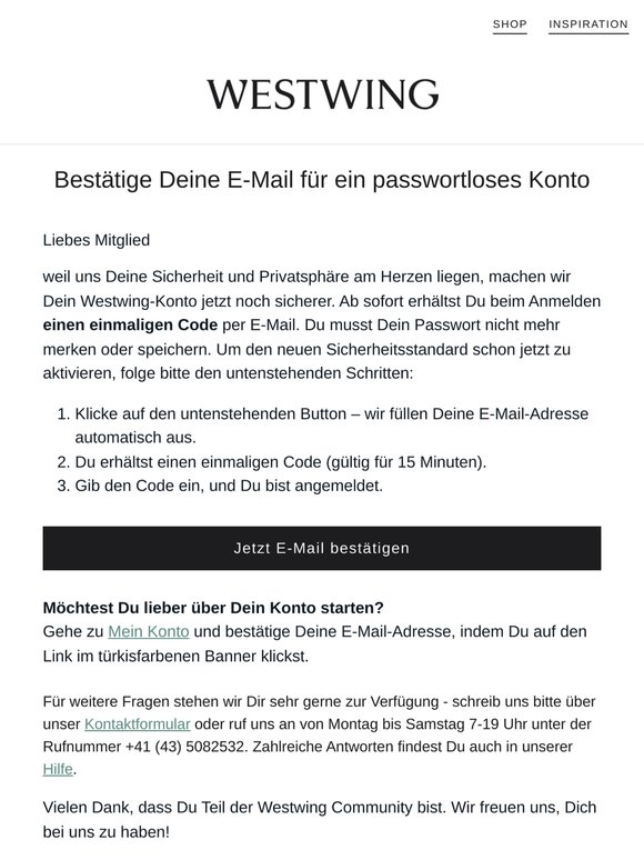 Westwing jetzt noch sicherer – bitte bestätige Deine E-Mail