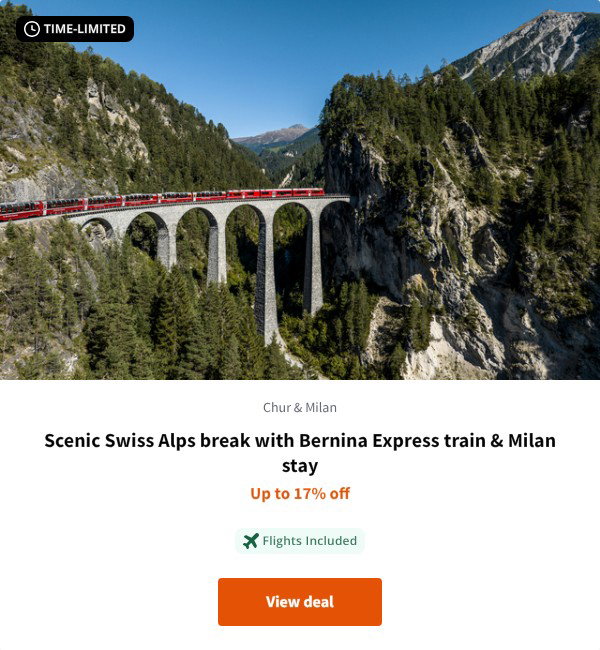 Scenic Swiss Alps break with Bernina Express train & Milan stay