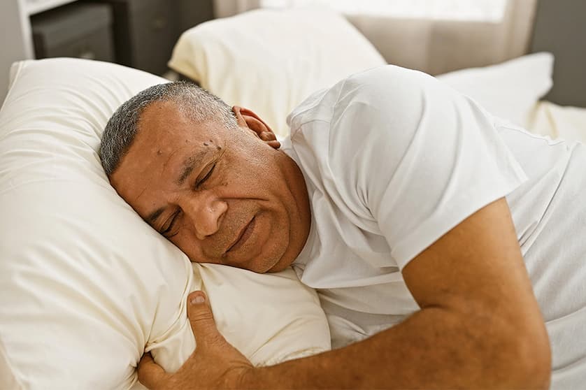 Man som ligger ner i sin säng och sover