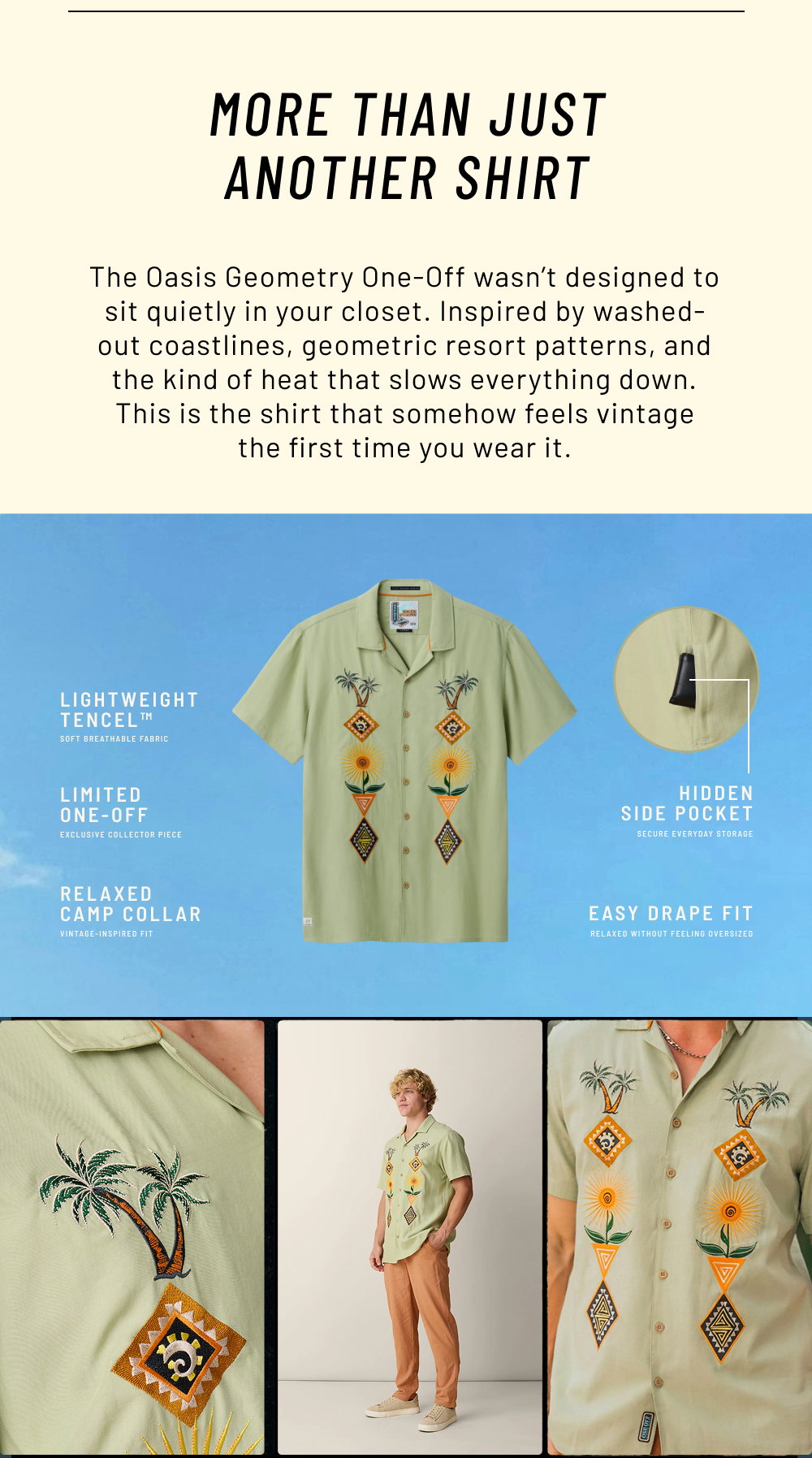 More Than Just Another Shirt. The Oasis Geometry One-Off wasn’t designed to sit quietly in your closet. Inspired by washed-out coastlines, geometric resort patterns, and the kind of heat that slows everything down. This is the shirt that somehow feels vintage the first time you wear it.