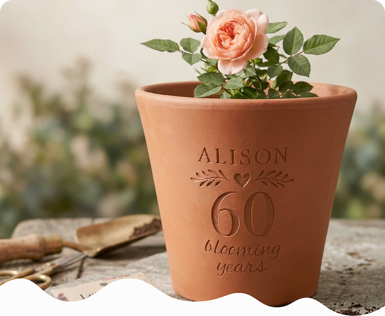 An engraved terracotta pot with a pink rose, personalised with the name "Alison" and the words "60 blooming years"
