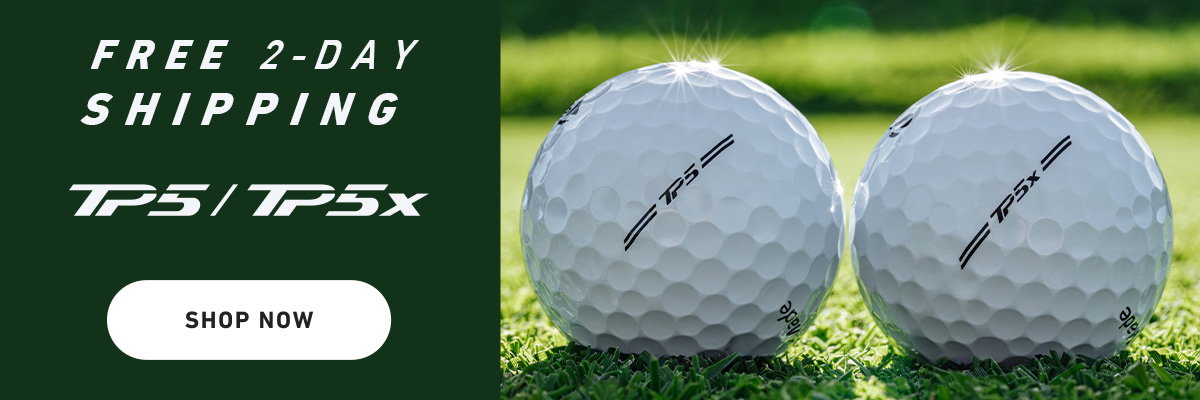 Free 2 Day Shipping on TP5/TP5s text over lifestyle photo of both balls on the green