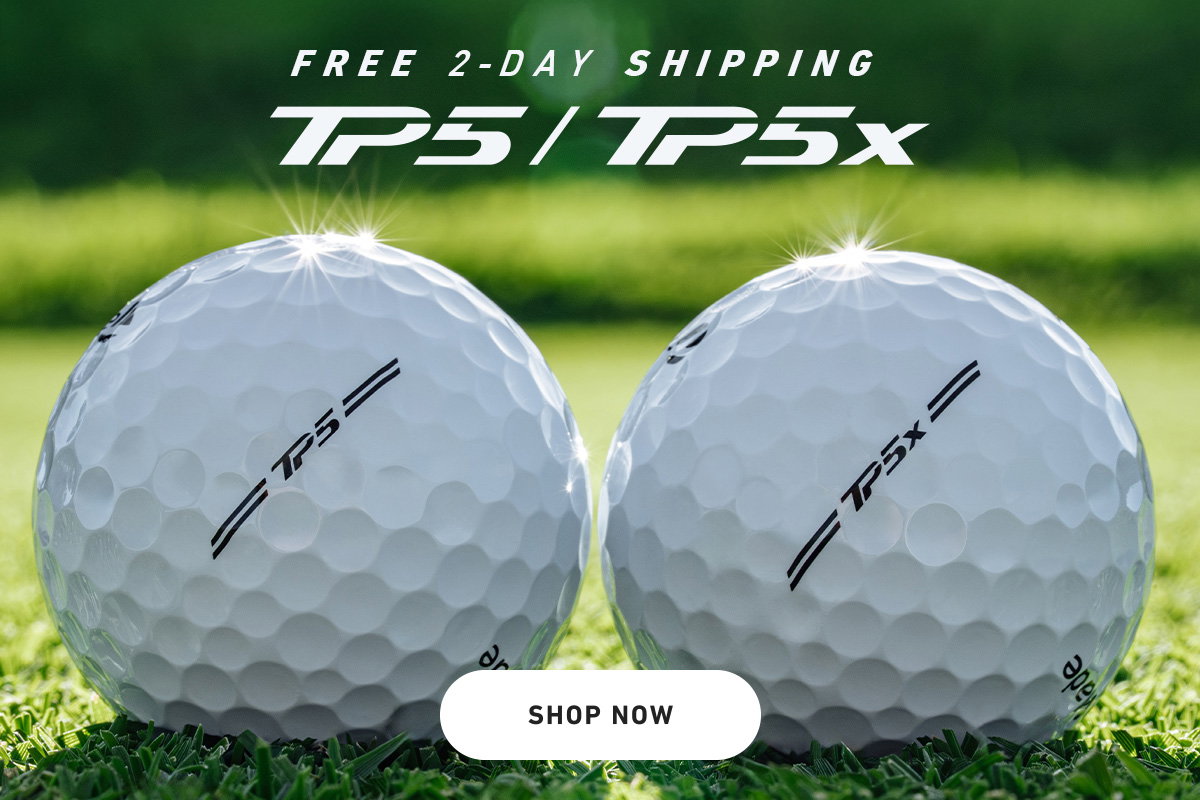 Free 2 Day Shipping on TP5/TP5s text over lifestyle photo of both balls on the green