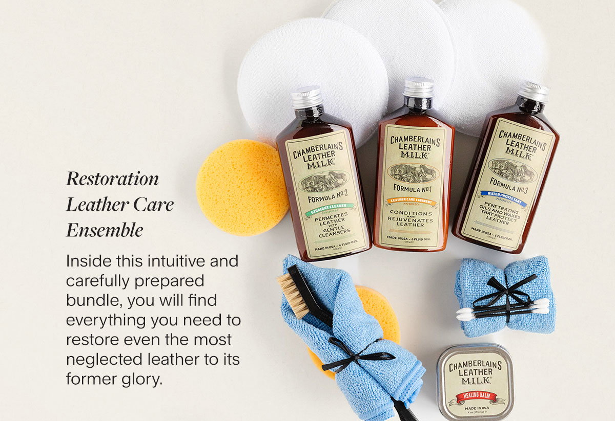 Restoration Leather Care Ensemble. Inside this intuitive and carefully prepared bundle, you will find everything you need to restore even the most neglected leather to its former glory.