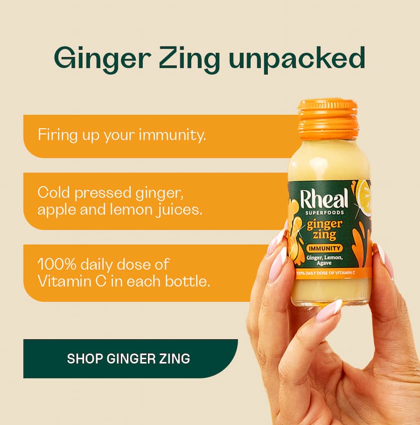 Firing up your immunity.  Cold pressed ginger, apple and lemon juices.   100% daily dose of Vitamin C in each bottle.  SHOP GINGER ZING