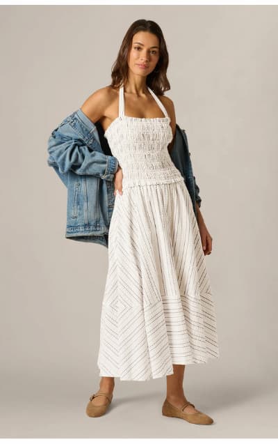 Smocked Seersucker Halter Midi Dress In Ivory Multi