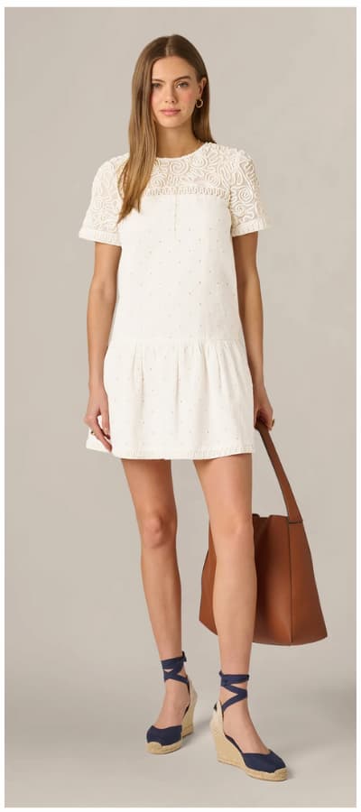 Short Sleeve Drop Waist Cotton Eyelet Shift Dress In Ivory