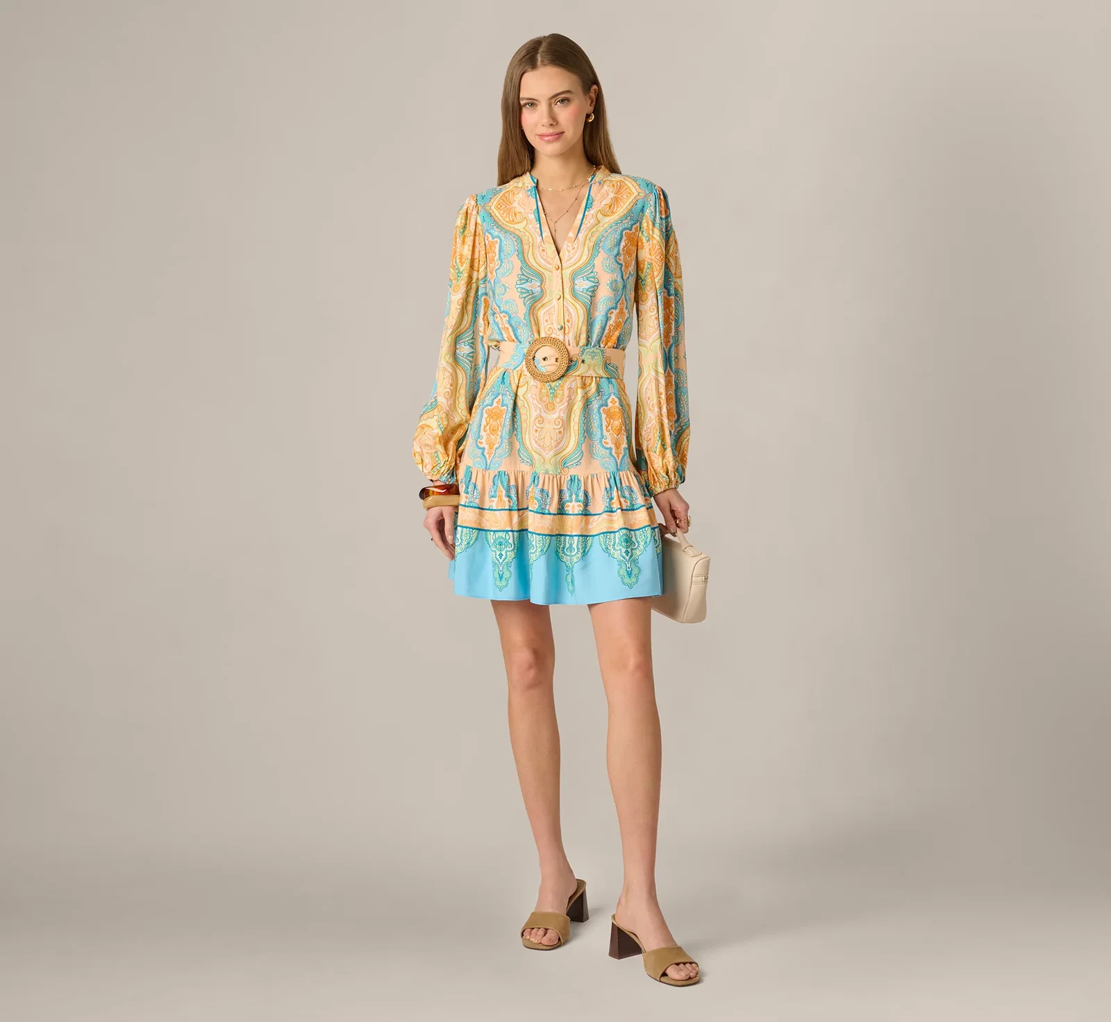 Image of Bishop Sleeve Paisley Print Belted Short Dress In Peach Multi