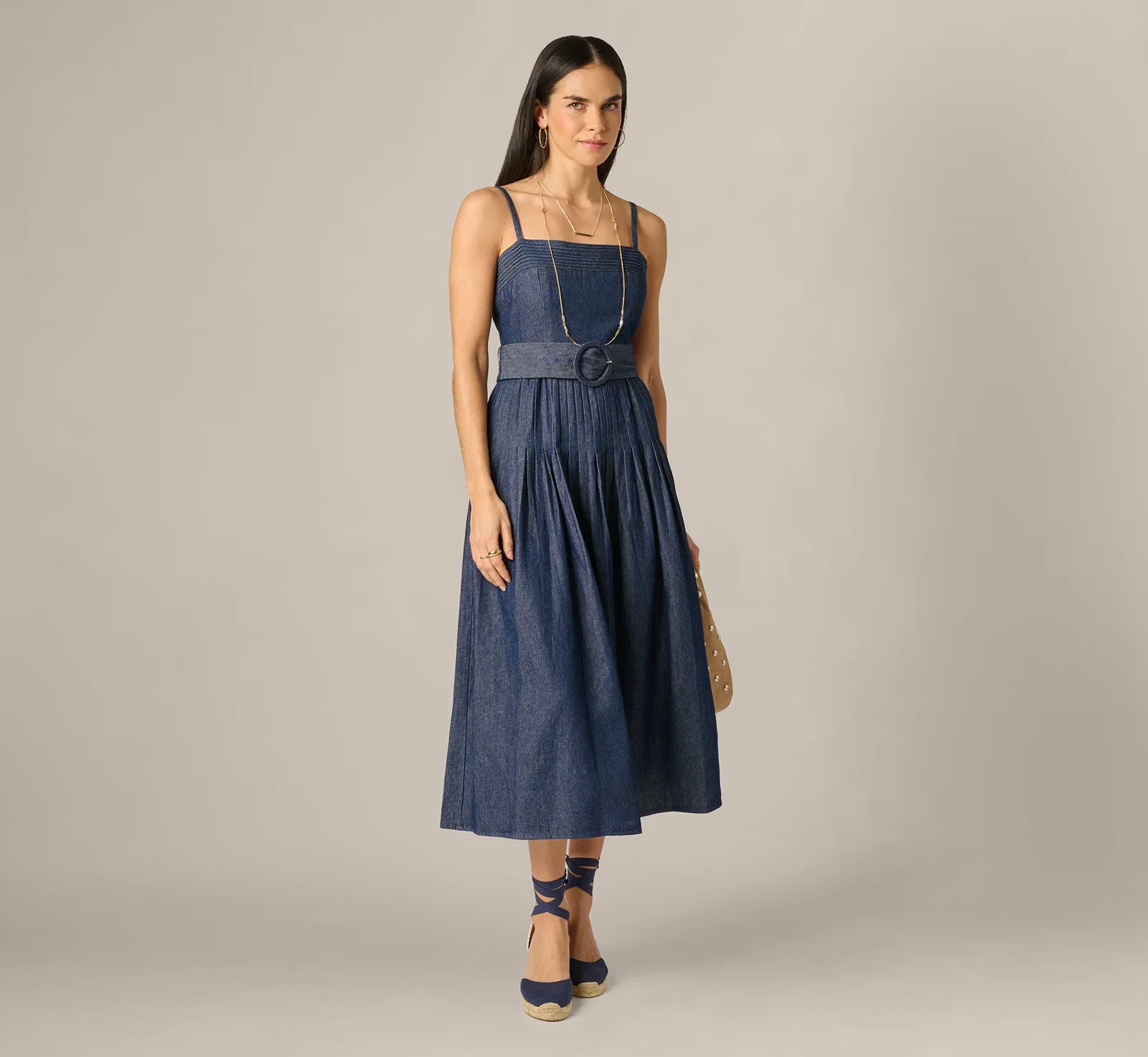Image of Cotton Denim Drop Waist Belted Midi Dress In Dark Denim