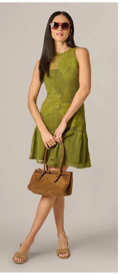 Cotton Mesh Floral Short Dress In Dark Moss